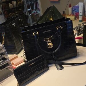 Michael Kors Black Croc-Embossed Satchel with Matching Wallet